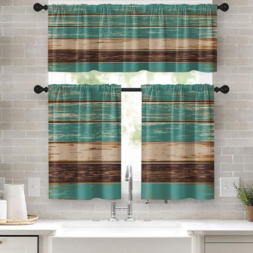 Emvency 36 Inch Kitchen Curtains Teal and Brown Wooden Texture Window Curtains and Valances Set of 3, Rustic Farmhouse Short Tier Curtain, Vintage Small Kitchen Decor