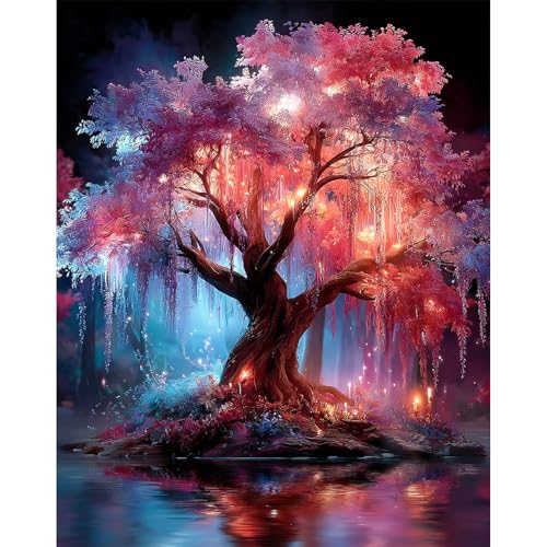 Pintar por Numeros Adultos, Cerezo en flor, DIY Painting by Numbers Kits, nocturno con árbol fantástico, Cuadros para Pintar por Numeros Pinturas Acrilicos, decoración para el hogar 40x50cm Sin Marco