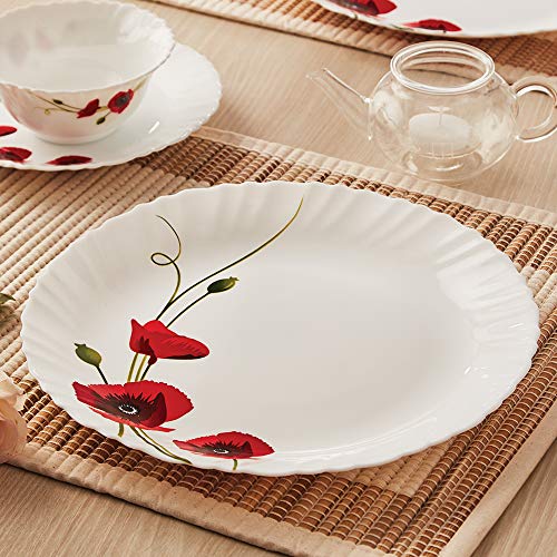 Image of Larah by Borosil Fluted Series Red Carnation Opalware Dinner Set | 6 Piece for Family of 2 | Microwave & Dishwasher Safe | Bone-Ash Free | Crockery Set for Dining & Gifting | Plates & Bowls | White