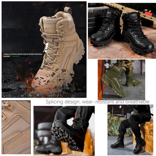 Men's Waterproof Side Zipper Outdoor Combat Boots,Tactical Boots, Men's Military Tactical Work Boots Side Zipper Lightweight and Comfortable Orthopedic Hiking Motorcycle Combat Boots4