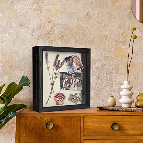 Image of TJ.MOREE Shadow Box 11x11 Memory Display Case Wooden Picture Frame Black | Fits 9.4x9.4 Inserts with Linen Back Rustic Keepsake Box with Glass for Pet Memorabilia Gifts Wedding Bouquet Military Medals