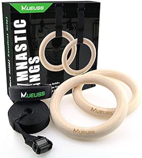 MUEUSS Gymnastic Rings Wooden Heavy Duty Gym Rings with Adjustable Straps, Fitness Rings, Exercise Rings for Training Workout, Strength Training, Gymnastics, Olympic, Pull-Up