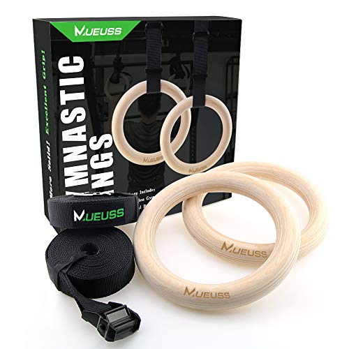 MUEUSS Anillas de Gimnasia - Anillos de Gimnasia de Madera con Correa de Nylon Ajustable, Utilizado para Gimnasia, Entrenamiento de Fuerza, Fitness, Pull-ups