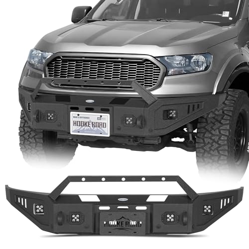 Hooke Road Ranger Front Bumper for 2019-2023 Ford Ranger, Full Width Heavy Duty Steel Bumper Textured Black with Winch Plate, LED Lights, D-ring Mounts