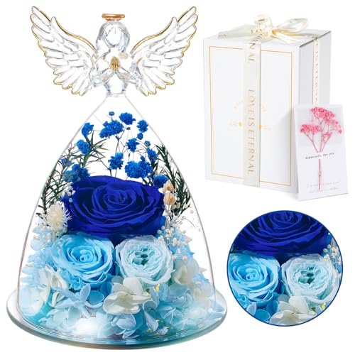 Rosa Eterna Regalos Originales para Mujer San Valentín, Flores Preservadas en Ángel Figura, Regalos para Mamá Madre Abuela Esposa Novia, Cumpleaños Navidad Acción de Gracias Aniversario, Azul