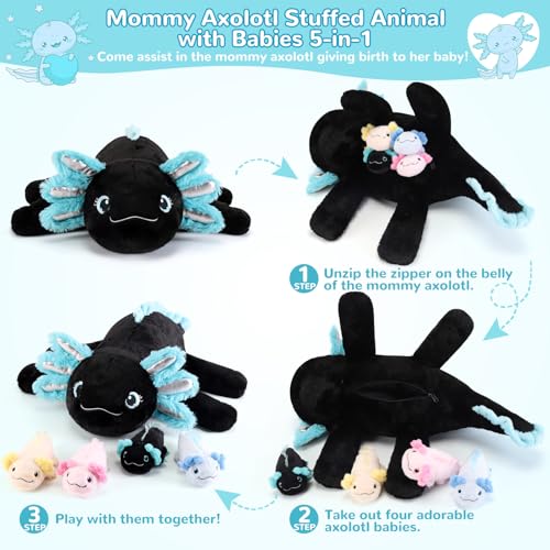 Image of gnomantic Axolotl Stuffed Animals with Babies Inside, Mommy Toy for Kids | 5-Piece set: 1 mommy axolotl + 4 baby axolotls inside. Unzip belly to reveal surprise babies. Ultra-soft, ages 3-8.