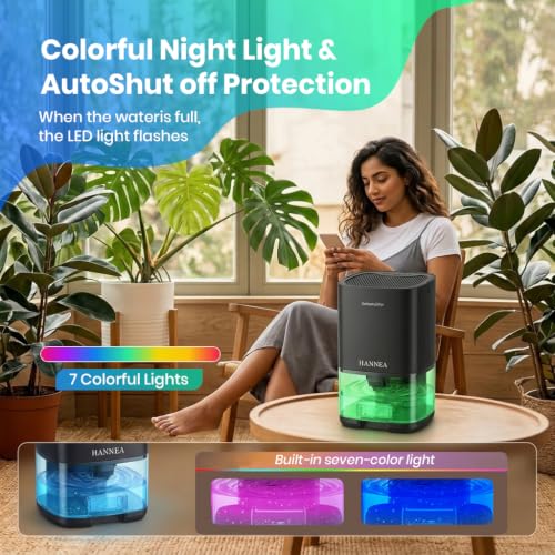 Image of HANNEA1000ml Home Dehumidifier, Compact Moisture Absorber with Auto Shut-Off, Color Ambient Night Light & Quiet Operation, Small Room Dehumidifier for Bedroom, Closet, Office, 15x13x25cm