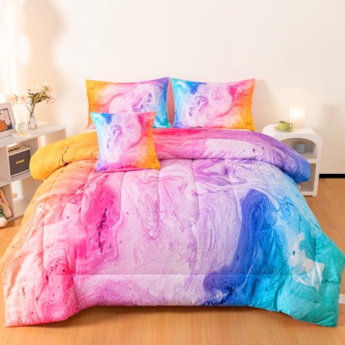 4 Pcs Tie Dye Full Bedding Set for Girls, Watercolor Marble Abstract Art Superior Girls Comforter Sets Full Size, Colorful Teenage Bedding Sets