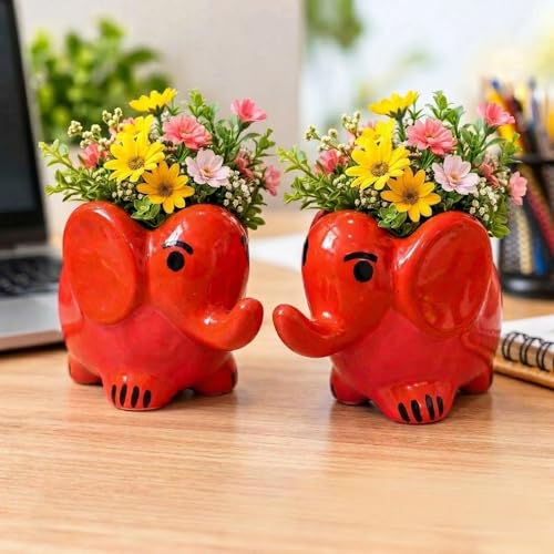 Image of Ceramic Elephant Shape Flower Vase & Succulent Planter (6-inch) | Cute Elephant Pot for Home Decor, Living Room, Office Desk & Gifting | Water-Resistant Vase for Natural Flowers (2, Orange)