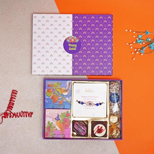 Image of Velvet Fine Chocolates Rakhi Gift Box | Handmade Assorted Chocolates for Rakshabandhan | Evil Eye Rakhi, Almonds & More | Perfect Sibling Bonding Gift | Pack of 1