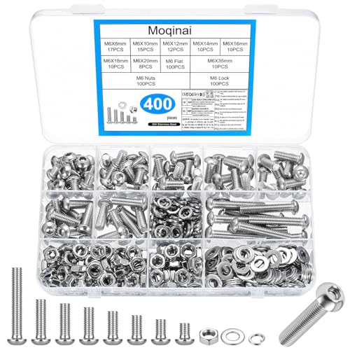 Moqinai 400 Stk M6 Schrauben Set, Linsenkopf Innensechskantschrauben Muttern Set, M6 Maschinenschrauben Sortiment,Edelstahlschrauben Maschinenschrauben