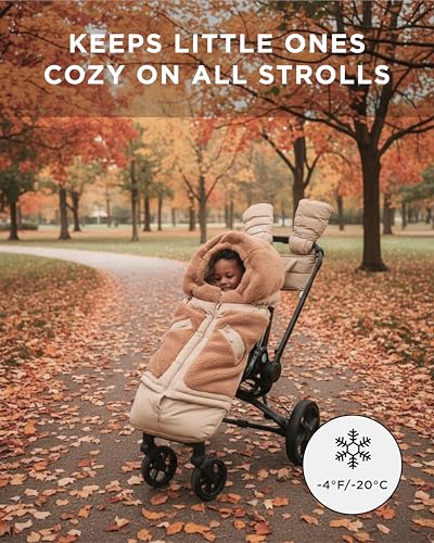 Image of 7AM Enfant Stroller & Carseat Footmuff - Adjustable Winter Car Seat & Stroller Zipper Blanket for Boy & Girl, Multi Purpose Fleece Lined Warm Hooded Sleeping Bag for Baby (Oat, Applique Cacao)
