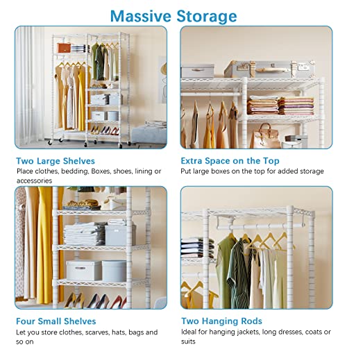 Vipek V14C Rolling Garment Rack 6 Tiers Adjustable Heavy Duty Wire Shelving Portable Clothes Rack With Rods, Lockable Wheels, White Metal Clothing Rack With Grey Oxford Fabric Cover, Max Load 620Lbs #TOP5