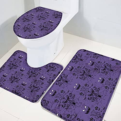 Onehoney 3-Piece Bath Rug And Mat Sets, Halloween Haunted Ghosts Non-Slip Bathroom Doormat Runner Rugs, Toilet Seat Cover, U-Shaped Toilet Floor Mat, Purple Black #TOP3