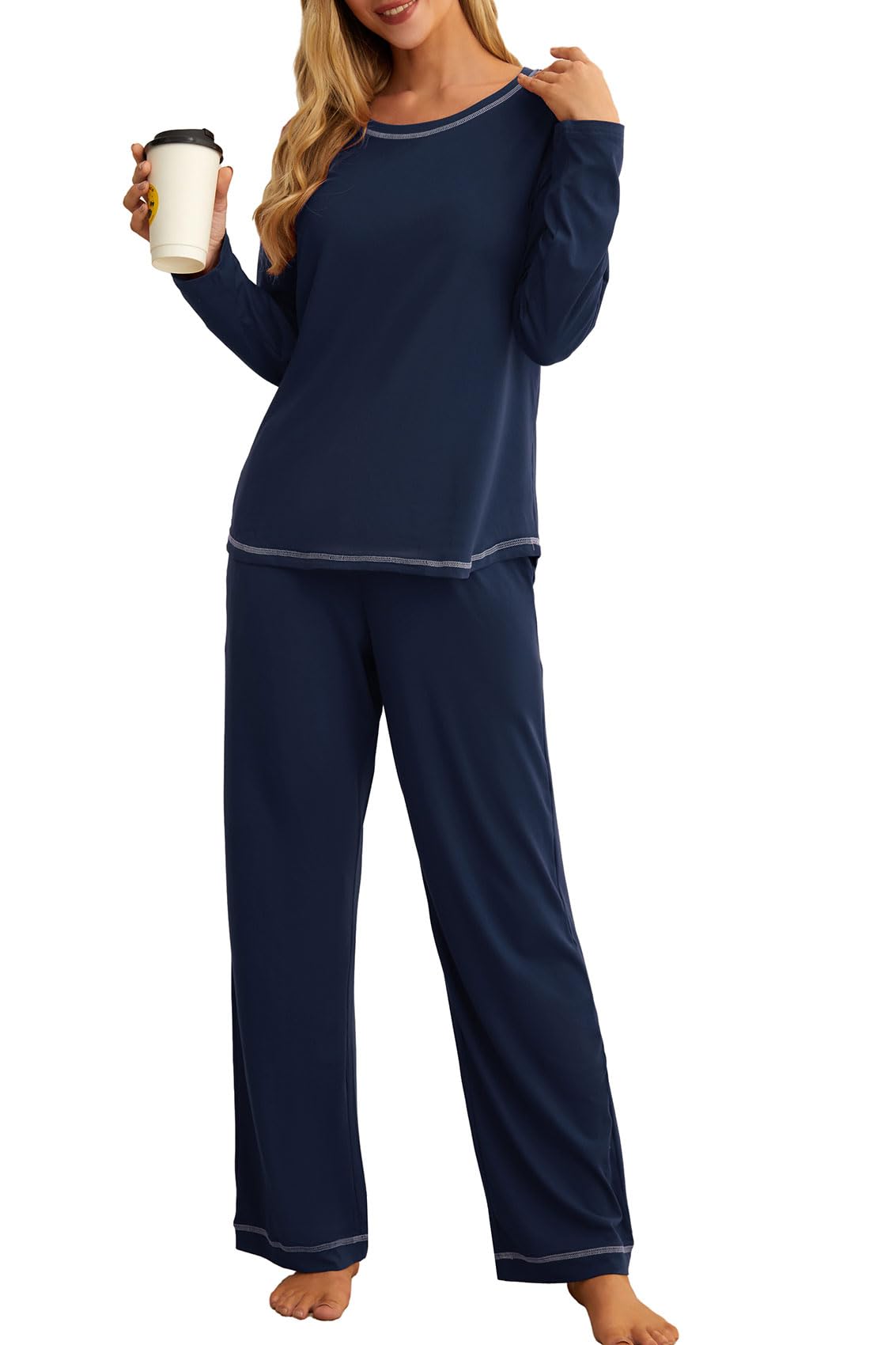 PrinStory - Conjunto de pijama para mujer, 2025, de manga larga, suave, 2 piezas, con bolsillos, Azul marino, M