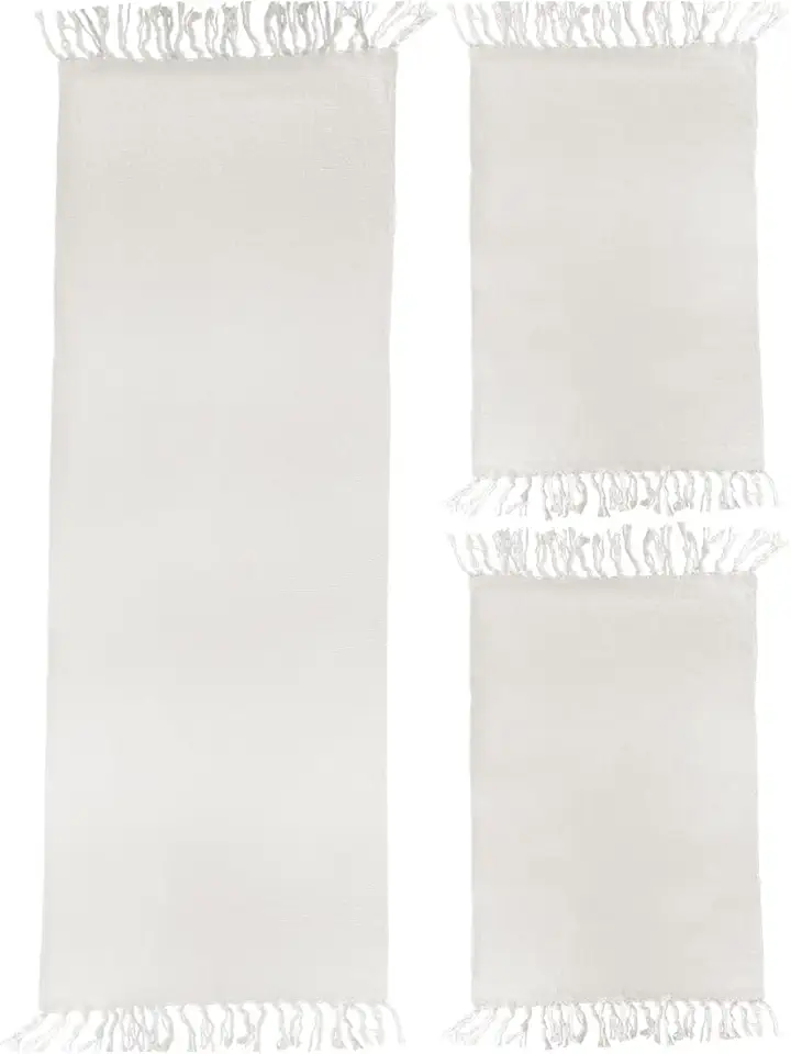 Jogo de Tapetes para Cozinha 3 Peças Decolab Básico | Kit com 1 Passadeira e 2 Tapetes para Cozinha | Design Liso em Algodão Premium | Tapetes Laváveis e Duráveis (Branco-cru, 3 Peças)