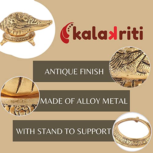 Image of Kalakriti Lord Vishnu Laxmiji and SheshNaag Carving Antique Brass Finish Gold Plated Shankh Showpiece with Stand| Conch for Temple| Vastu Decorative Items Sankh for Home |Religious Diwali Gift 1 pc