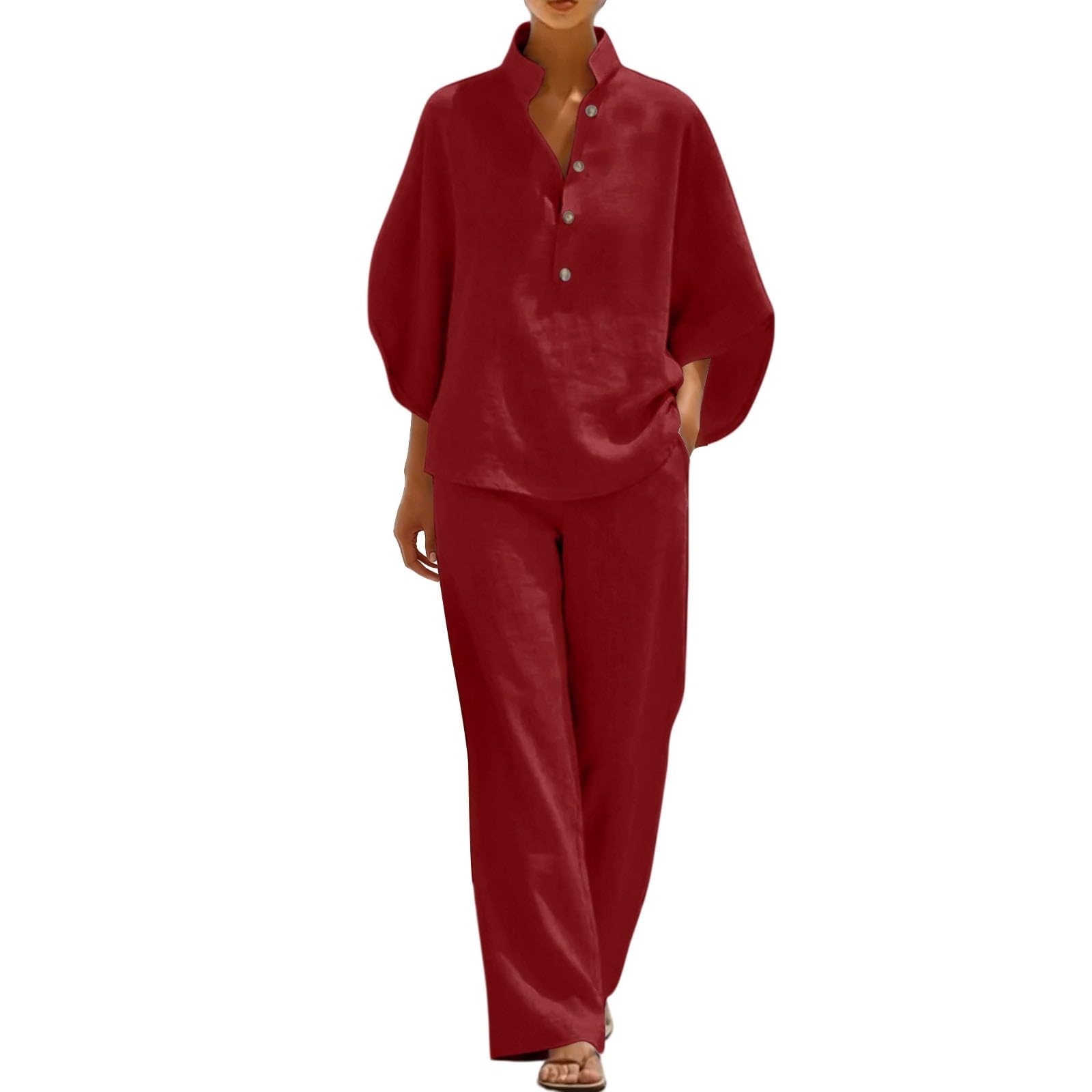 Summer Co Ord Ensembles 2 pièces en coton et lin avec col en V et manches 3/4 Pantalon large avec poche
