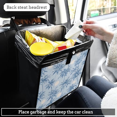 Image of Car Trash Can Organizer Bin with Adjustable Strap for Back Front Seat Console Waterproof Leakproof Collapsible Portable 11 Inch Light Blue Palm Trees and Sun