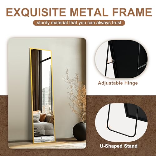 Delma Wall Mirror Full Length Mirror,Standing Mirror Full Body,Large Floor Mirror for Wall Door Bedroom Bathroom Living Room with Aluminium Frame(with Stand,Rect 56x15-Gold)