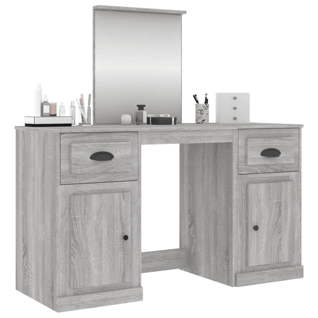 Tocador con espejo gris Sonoma de madera, 130 x 50 x 132,5 cm, con cajón, taburete, iluminación LED y espacio de almacenamiento para dormitorio o habitación de niña