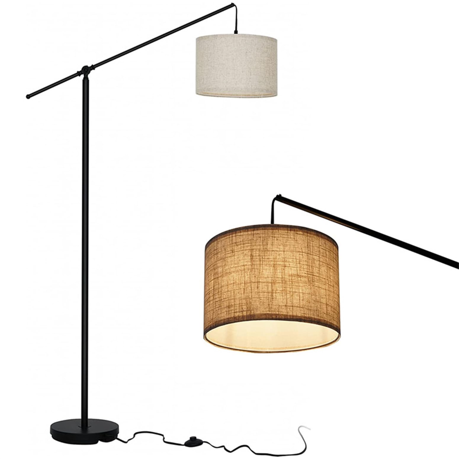 MESOVFCA Arc Floor Lamp for Living Room, Modern Adjustable Swing Arm Floor Tall Lamp Traditional Standing Lamps, Overhanging Linen Drum Shade Vintage Floor Sofa Lamps for Bedroom Office
