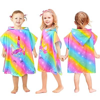Bath Beach Pool Towel with Hood for Kids Girls, Hooded Towels Swim Poncho Towel Cover-ups for 3-8 Years with Drawstring Bag, Super Absorbent, 24 in x24 in (Rainbow Unicorn) 51BQFmzA+sL. SS400
