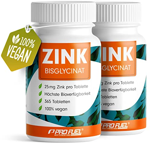 Zink 25mg - 2x365 Tabletten (vegan) mit Zinkbisglycinat (Zink-Chelat) für höchste Bioverfügbarkeit - laborgeprüft mit Zertifikat - optimal hochdosiert - Vorratspack für die Familie - ProFuel Zink 25mg - 2x365 Tabletten (vegan) mit Zinkbisglycinat (Zink-Chelat) für höchste Bioverfügbarkeit - laborgeprüft mit Zertifikat - optimal hochdosiert - Vorratspack für die Familie - ProFuel