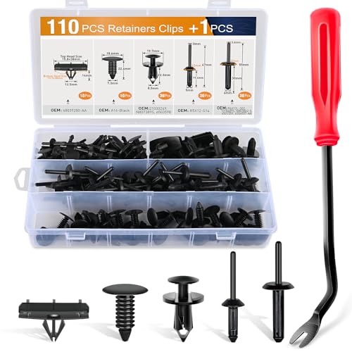 GOOACC 111Pcs Bumper Retainer Clips with Fastener Remover Plastic Rivets Grille Fender Flare Hardware Car Compatible with 2007-2024 Jeep Wrangler 2005-2010 Grand Cherokee 2002-2010 Liberty KJ & KK