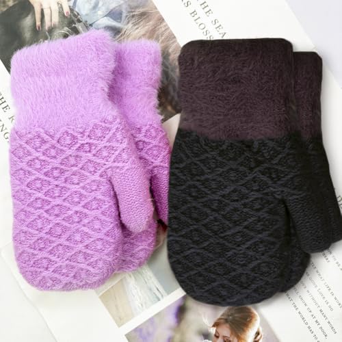 2 Pairs Kids Winter Mittens Warm Thermal Thick Fleece Knitted Snow Gloves for Girls Boys Cold Weather 3-7 Years4