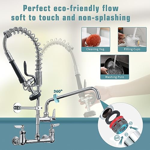Image of Fapully Commercial Kitchen Faucet,Wall Mount Kitchen Sink Faucet with Pre-Rinse Pull Down Sprayer,25'' Height 8'' Center 3 Compartment Sink Faucets with 12.2'' Swing Spout Chrome