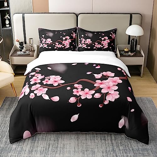 Loussiesd Cherry Blossoms 100% Cotton Duvet Cover King Size Japanese Style Bedding Cotton Duvet Cover Set Decor Sakura Flower Comforter Cover Set Floral Botanical Pink Black Bedspread Cover