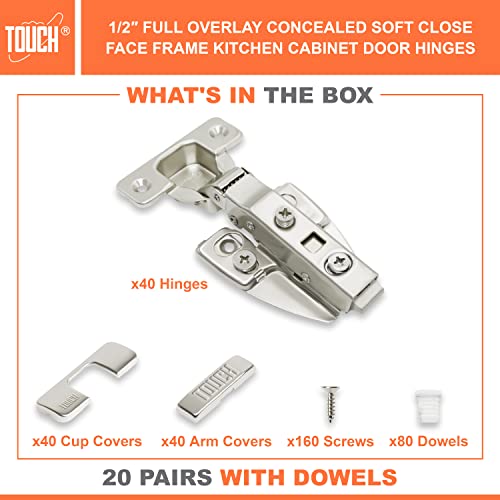 Touch Cabinet Hinges (20 Pairs, 40 Pcs) Face Frame Cupboard Door Soft Close Hinges 1/2" Inch Overlay Concealed European Clip-On Hinges For Kitchen Cabinet 3D Adjustable With Dowels #TOP1