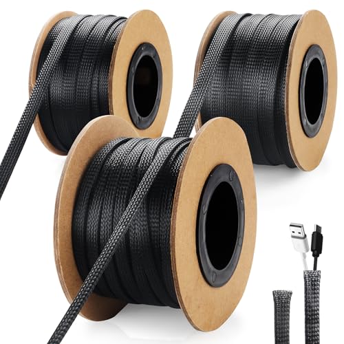 300 Feet 1/4, 1/2, 3/8 Inches Braided Wire Loom PET Cable Loom Expandable Sleeving Braided Sleeve for TV, Computer, Home Theater