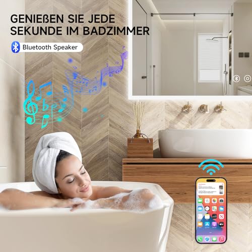 YOLEO Badspiegel mit Beleuchtung, LED Spiegel mit Bluetooth-Lautsprecher, Wandspiegel mit Steckdose, Badzimmerspiegel LED Beschlagfrei mit Touchschalter, 3 einstellbare Lichtfarbe, 80x60cm 2