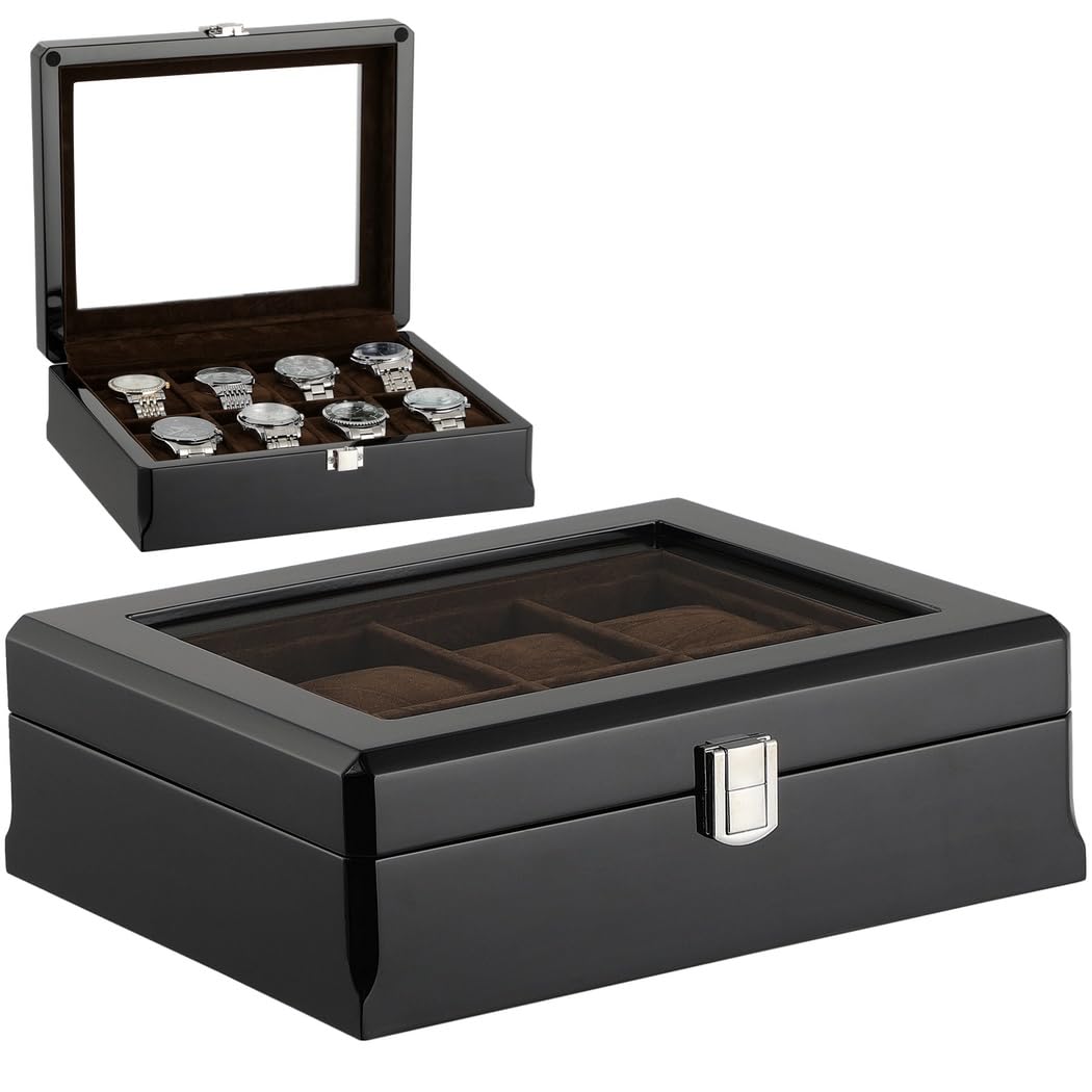 Caja de reloj de madera, organizador de relojes para hombre de 8 ranuras con parte superior de cristal, vitrina de madera lacada brillante, elegante caja de regalo para hombres, regalo del