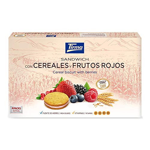 Tirma Sándwich de Cereales y Frutos Rojos 180g | Crujiente y relleno de crema de frutos rojos | Fuente de fibra | Ideal para desayunos, meriendas o llevar | Nutritivo, delicioso y práctico.