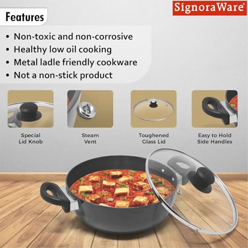 Image of Signoraware Opulent Non Stick Kadhai 28cm | Non-Stick Coating Allows Oil Saving | Heat-Resistant Grip | Gas & Induction Compatible | Perfect for Deep Frying, Sauteing & Stir-Frying (5 LTR | Steel)