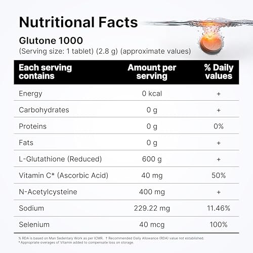 Image of Glutone 1000 Setria L-Glutathione Tablets for Radiant & Clear Skin | 600mg Premium L-Glutathione & Vitamin C | Skin glow Brightening Supplement | 15 Effervescent Tablets | Orange Flavor (Pack of 2)