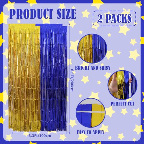 Image of TONIFUL Blue Gold Foil Fringe Curtains 2 Packs 3.3 x 6.6 ft Metallic Tinsel Streamers Backdrop for Birthday Graduation Engagement Retirement Sports Party Baby Shower 50th Anniversary Decorations