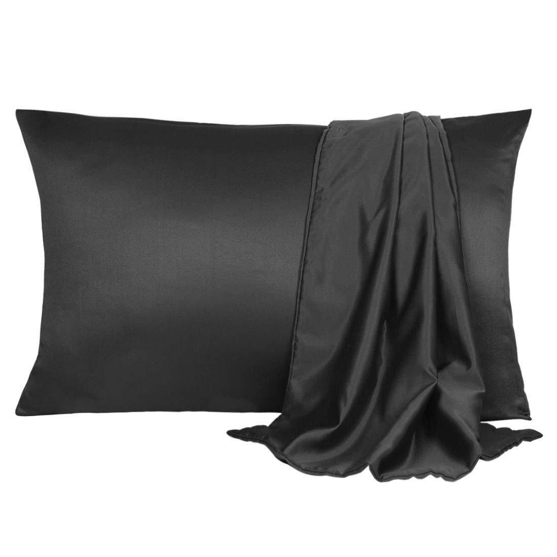 sourcing map Pillowcase Set Silk Satin Pillow Cases for Hair and Skin, Pillow Cases 2 pack with Envelope Closure Black 50 x 90cm