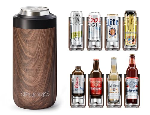 Sipworks Universal Can Cooler - Fits All - Insulated Slim Can Cooler for 12 oz Regular or Slim Cans & Bottles - Double-Walled Stainless Steel Skinny Can Koozie, Mahogany