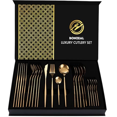 Image of Stainless Steel Gold Cutlery Set for 6 Person with Gift Box 24 Pieces Mirror Finish Luxury Premium Flatware Set for Dining Table Hotel Cafe Bar Restaurant House Warming Gifts