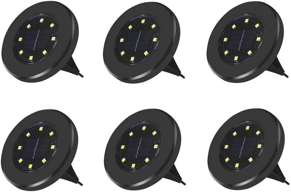 Solar Ground Lights 8 LED Disk Light Solar Powered Outdoor In-Ground Landscape Path Lights for Garden Lawn Yard Patio Driveway Walkway Pool Patio Deck Pathway,6 Pack,Warm White,Black Finish