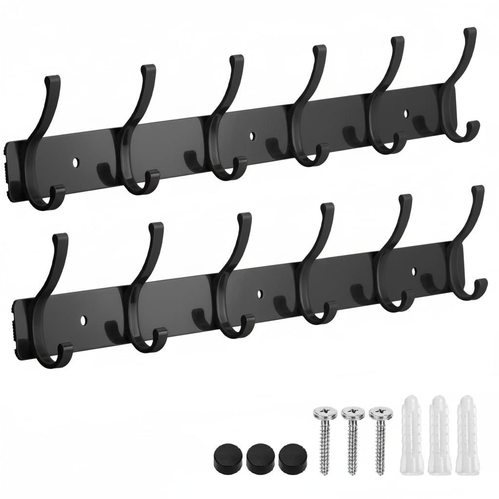Coat Rack Wall Mount 2 Pack Coat Hooks Hanger Wall Double Hook Rack Rail Towel Hat Rack Entryway