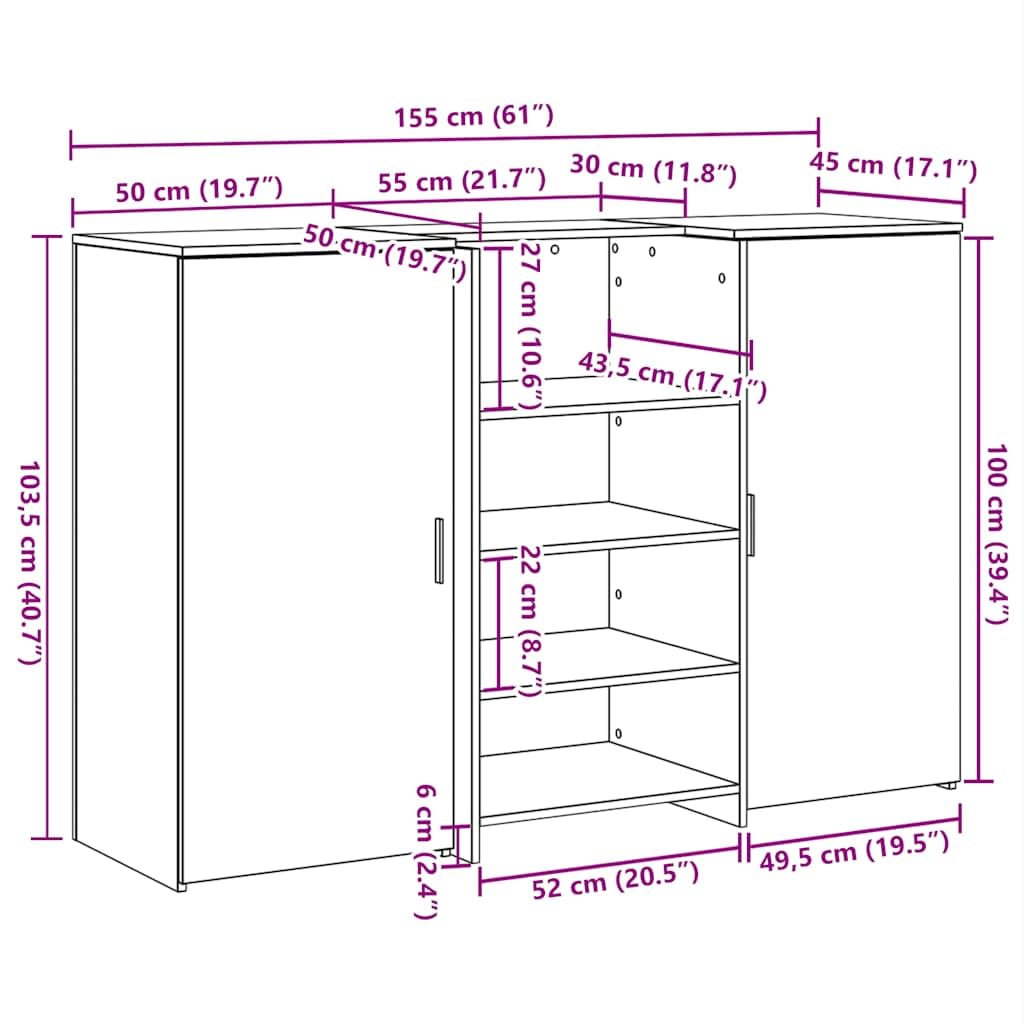 Bancone di ricezione grigio cemento, 155 x 50 x 103,5 cm, in legno con spazio portaoggetti, postazione di lavoro versatile per ufficio, casa, reception, medici, bellezza e alberghi