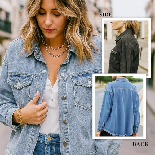 Women's Casual Denim Button Down Distressed Jacket, Oversized Denim Shirt Jackets Fall Long Boyfriend Jacket3
