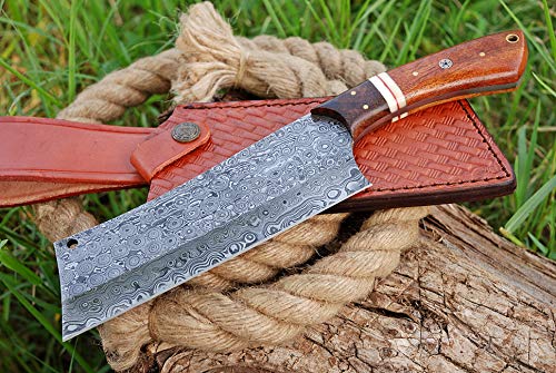 Damascus Meat Cleaver Knife Damascus Steel Chef Knife Butcher Knife - Multipurpose Sharp Knife Vegetable Cleaver Meat Cleavers Kitchen Knife for Meat with Rose Wood Handle Knife Sheath