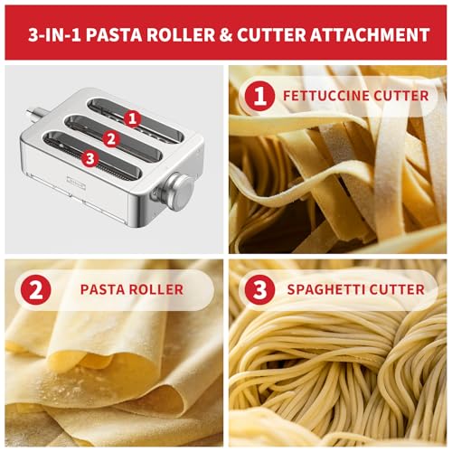 Image of All Metal 3 In 1 Set Pasta Maker Attachment for KitchenAid, Included Pasta Sheet Roller, Spaghetti Cutter, Fettuccine Cutter Maker Accessories And Cleaning Brush
