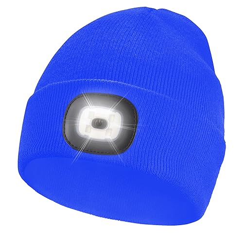 Navoys Headlight Beanie Hat - USB Rechargeable, Unisex, Winter Headlamp, 3 Brightness Settings 40/60/120 Lumens, Head Torch for Men and Women, Runners Walkers Tradesmen, Hiking Accessories (Blue)